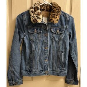 Levi's Denim Jean Jacket Faux Fur Animal Print Collar Girls Sz‎ Large 2015 NWT